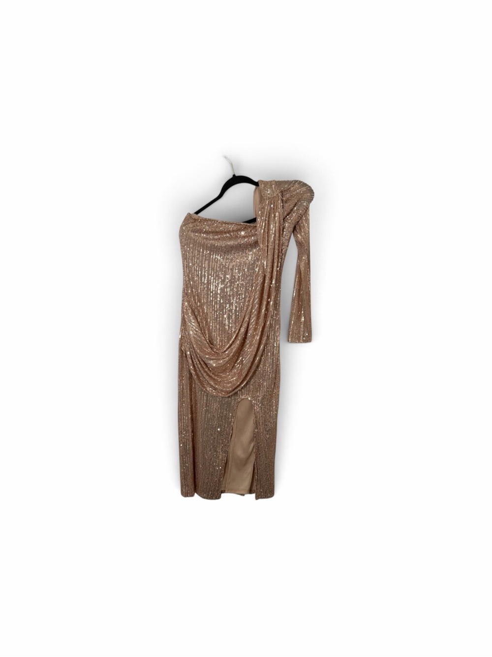 CBR One-Shoulder Sequined Draped Midi Dress - Rose Gold